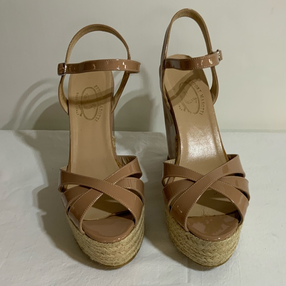 Ettore Masotti- Dark Blush patent wedge platform sandal with ankle strap.